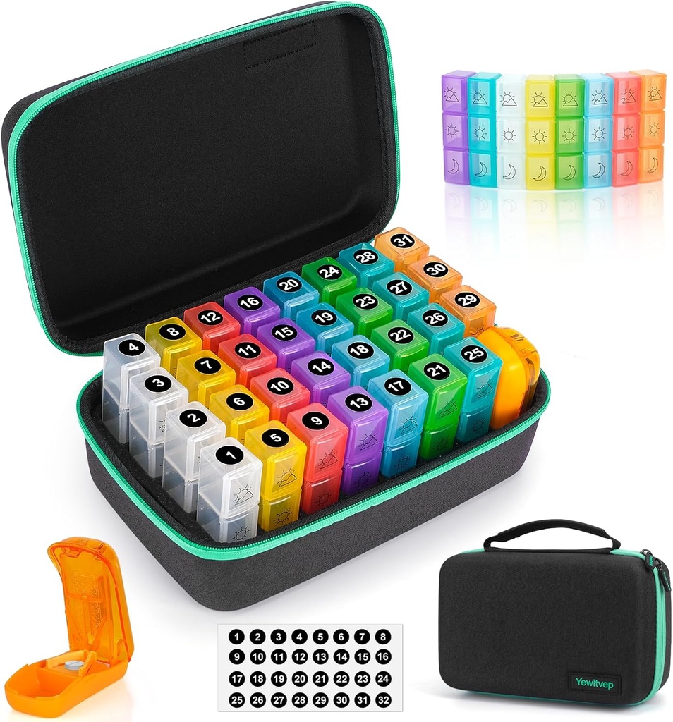 Månatlig Pill Organizer 3X per dag med 7-dagars Travel Medicine Organizing Bag, Medicine Pill Box med 32 dagliga kompartement, 31 Day Pill Holder 30 Day Pill Case för vitamin, tillägg och medicinering