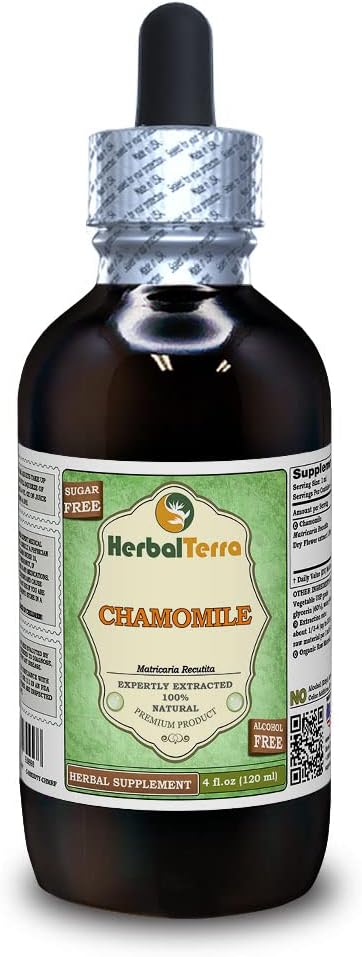 Chamomile (Matricaria Recutita) Glycerit, Organic Dried Flowers Alcohol-Free Liquid Extract (Brand Name: HerbalTerra, Proudly Made in USA) 4 fl.oz (120 ml)