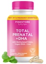 Pink Stork Total Prenatal Vitaminer med DHA, Folat, Järn, Kolin och Vitamin B12 - Preconception Nutrition - Prenatals för kvinnor, Graviditet Essentials - Mint Essence, 60 kapslar, 1 månads leverans