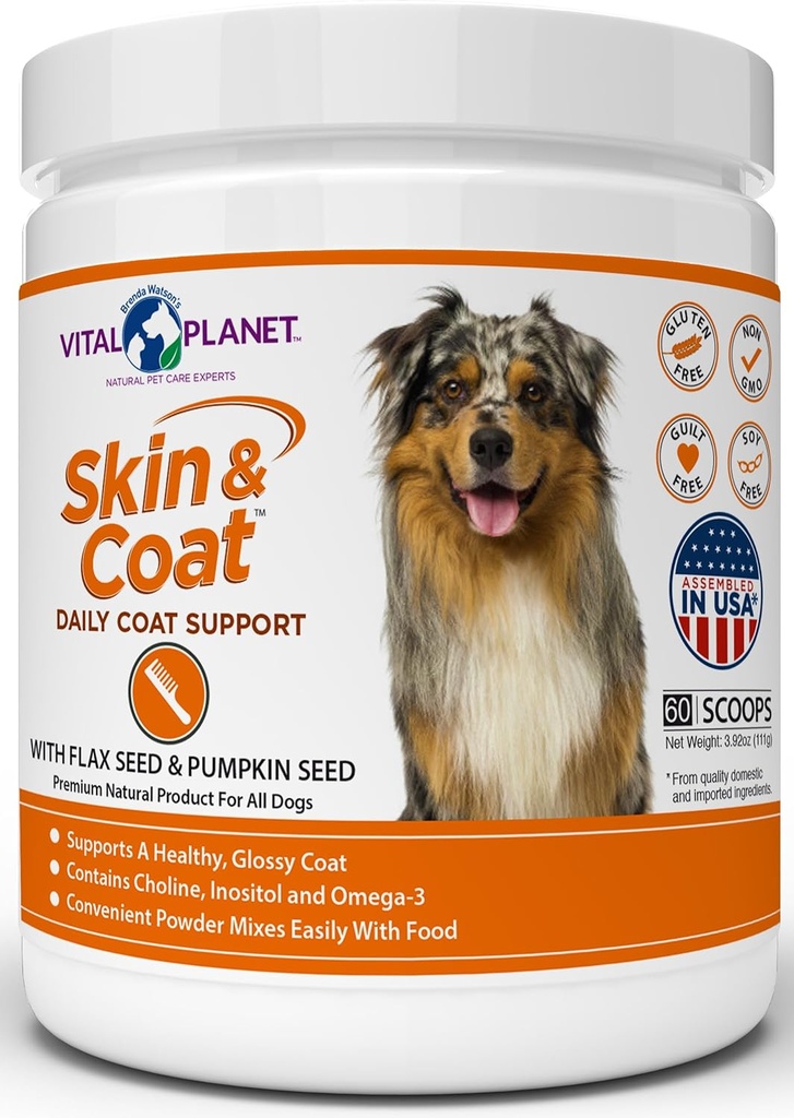 Vital Planet - Hud- och Coat Powder Supplement för hundar med kolin, Inositol, Pumpkin, Flax och Omega-3 Oljor för att stödja en mjuk Shiny Healthy Coat och för säsongsallergier - 60 skopor, 111g, 3.92oz