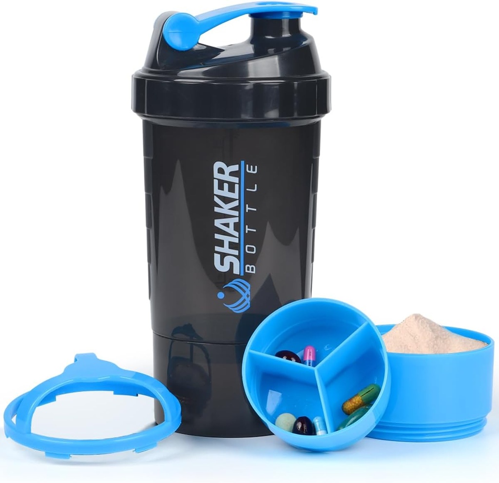 Protein Shaker Bottle - Sports Water Bottle - Non Slip 3 Layer Twist Off 3oz Cups med Pill Tray - Leak Proof Shake Bottle Mixer-Powder 22 oz Shake Cup med lagring