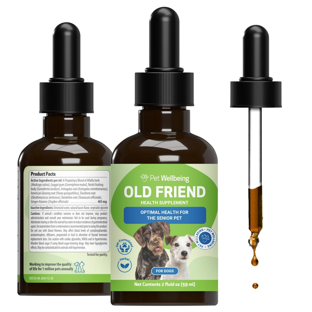Pet Wellbeing Old Friend for Senior Dogs - Supports Immune System Health, Joint Mobility, Healthy Energy Levels, Alfalfa, Reishi - Veterinarian-Formulated Herbal Supplement 2 oz (59 ml)