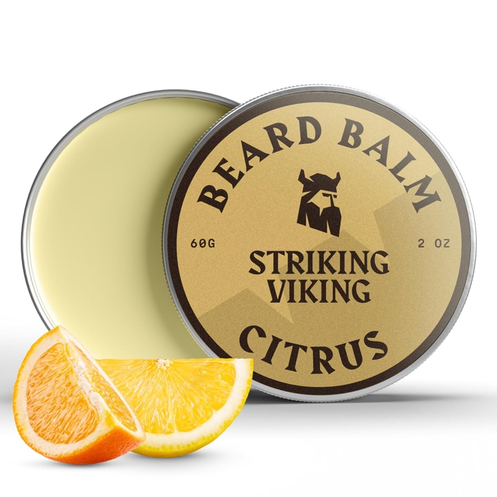 Strejkande Viking Beard Balm för män - Lämna i skägg Conditioner - Styling Balm Made med naturligt härledda skägg smör, Argan & Jojoba oljor (2 Ounce (Pack of 1), Citrus)