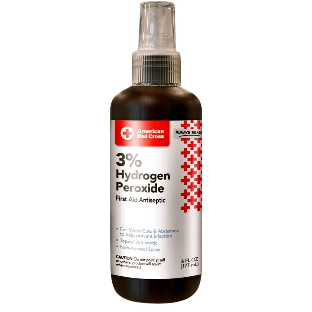Amerikanska Röda Korset 3% Väteperoxid - 97% Vatten - Ämne Antiseptisk Spray för rengöring Minor Cut, Skrapa, Skada - Mini Portable Non-Aerosol Bottle - Resa, Hem Viktig - 6oz