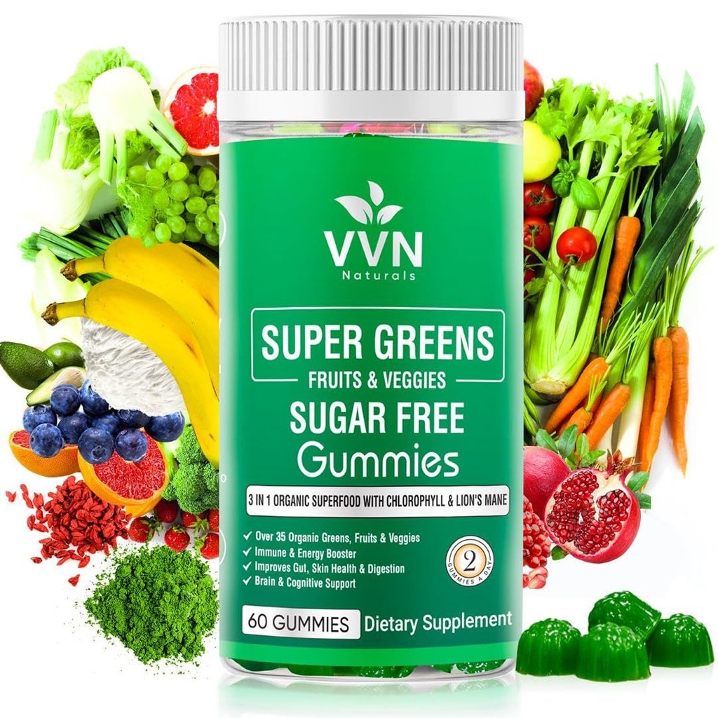 Sugar-Free Real Organic Fruits, Super Greens och Veggies Gummies Näringsrika och hälsosamma gröna, frukter och grönsaker för förbättrad immunitet, hudhälsa och energiboost|60 Vegan Gummies