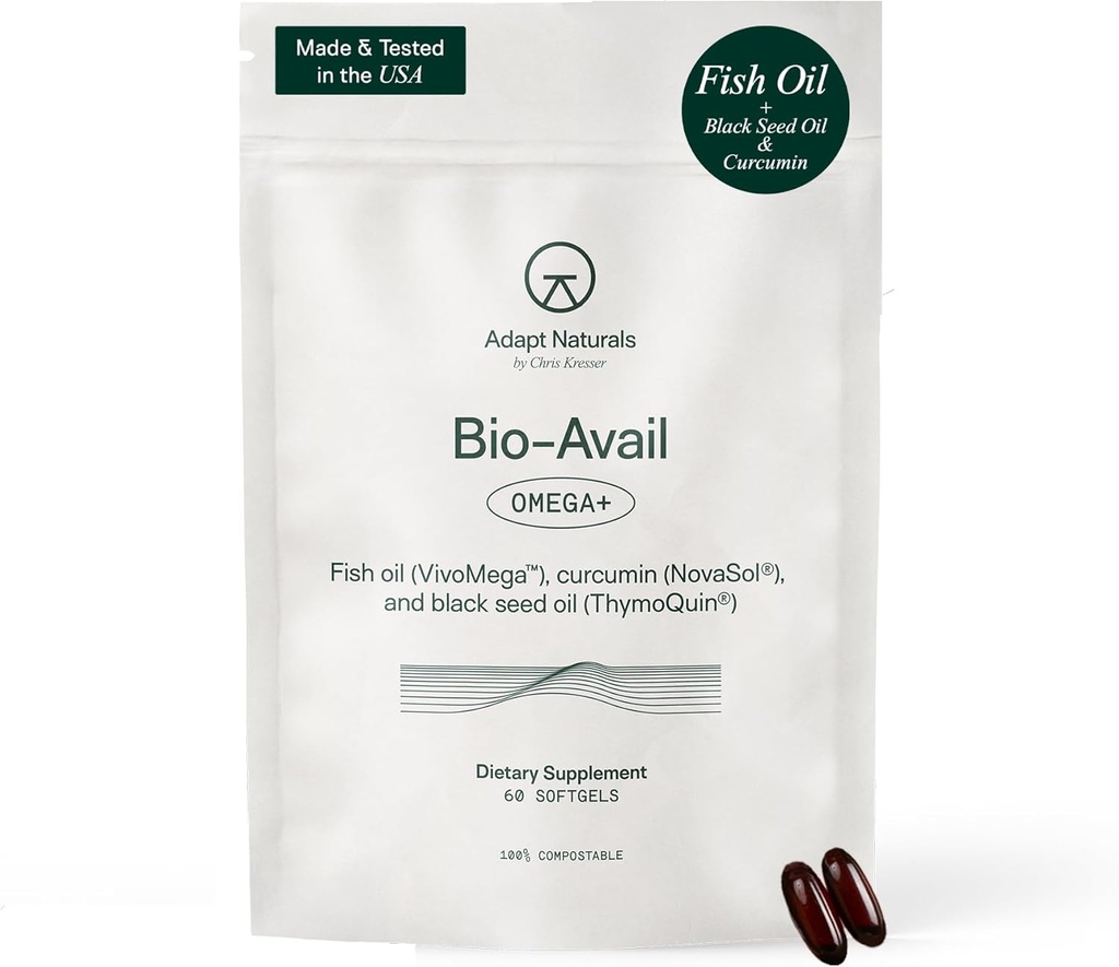 Adapt Naturals Omega 3 fiskoljetillskott med Bioavailable Curcumin & Black Seed, 1500mg Fish Oil EPA DHA Omega 3 fettsyror för att stödja gemensamma, muskler och hjärta | Osmakad - 30 dagars leverans