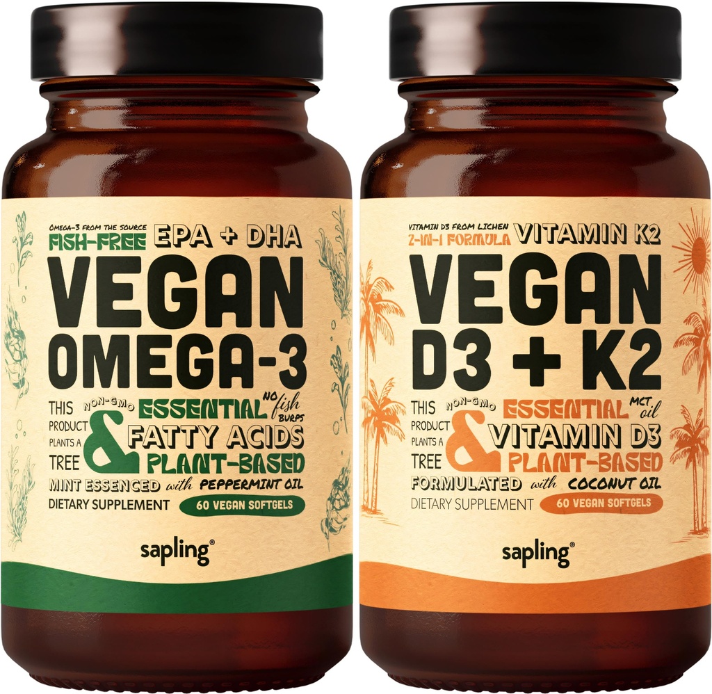 Vegan Omega 3 & Vegan Vitamin D3 + K2 Supplement Bundle - Plantbaserade DHA & EPA Fatty Acids, 4000 IE Vitamin D3 och 100mcg Vitamin K2 som Mk7