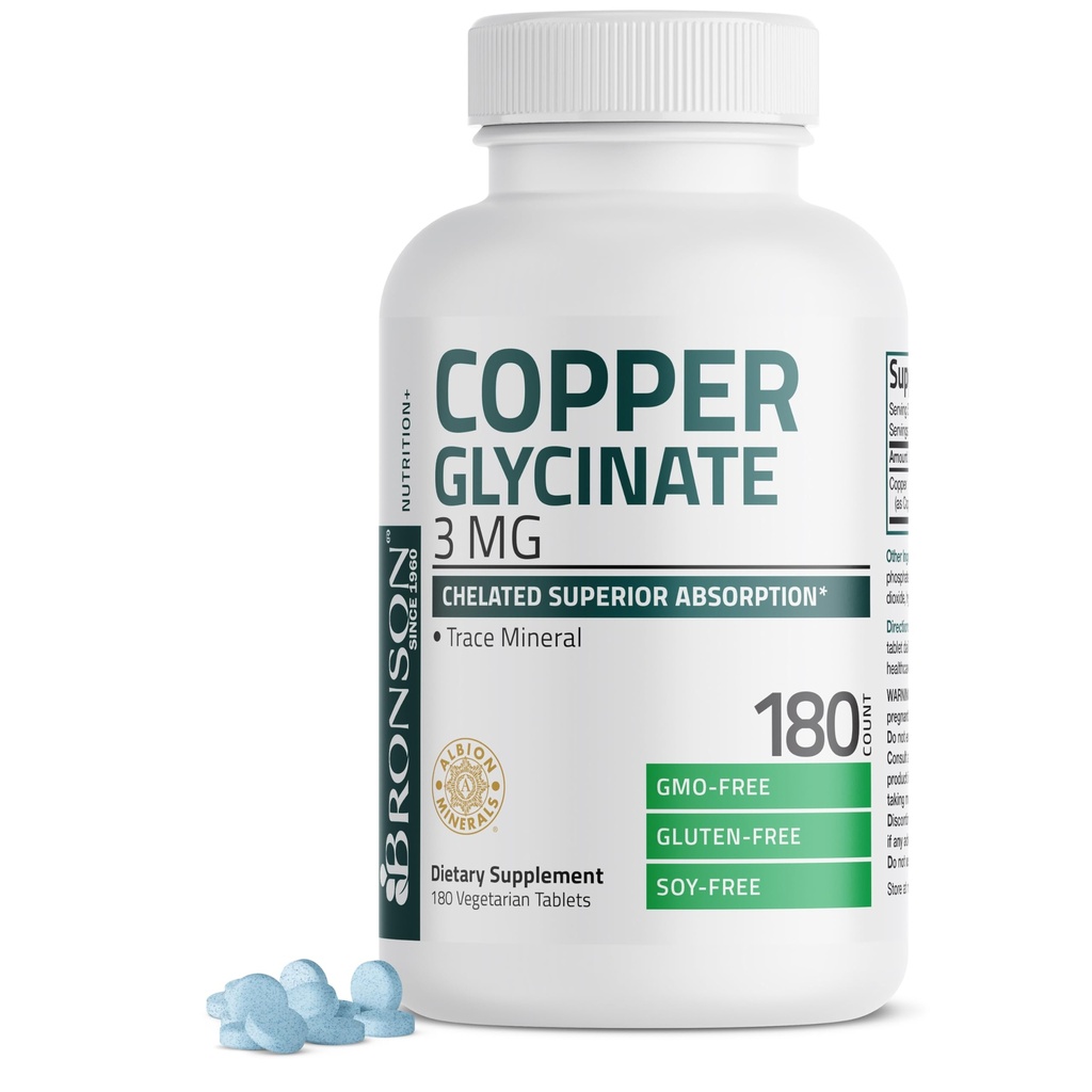 Bronson Copper Glycinate 3mg Chelated Superior Absorption Non-GMO, 180 vegetariska tabletter