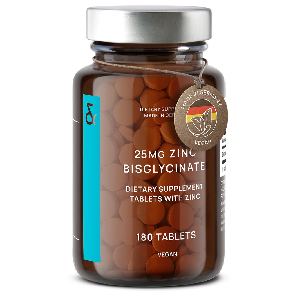 CLAV® Zink Bisglycinate 25mg - 180 tabletter (6 månaders leverans) - Natural Chelated Zink Supplement - Vegan Zinc Glycinate för Immune & Skin Support
