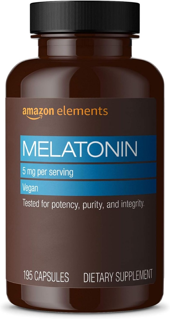 Element - Melatonin 5mg kapslar, hjälper med tillfällig sömnlöshet, Vegan, Unflavored, 195 greve (Pack of 1), 6 månaders leverans (Packaging kan variera)