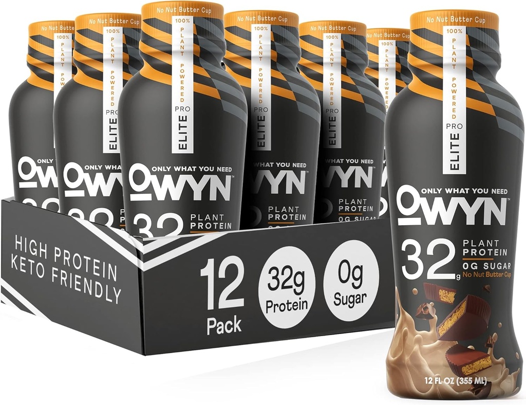 OWYN Endast vad du behöver Pro Elite Vegan High Protein Keto Shake, 32g Protein, 12 Fl Oz (Pack of 12) och Pro Elite Vegan Plant-Based High Protein Keto Shake, No Nut Butter Cup, 32g Protein (Packaging May Vary)