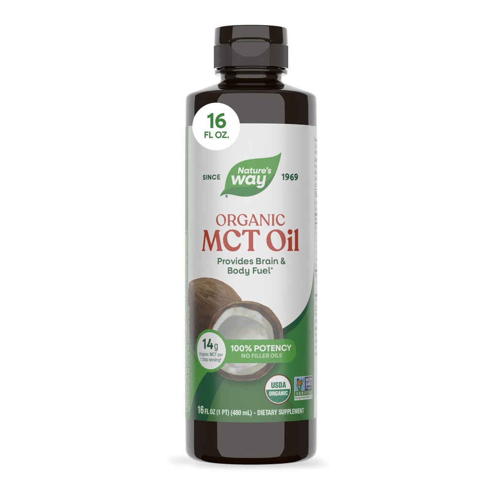 Nature's Way Organic MCT Oil, 16 Fl Oz, Brain och Body Fuel från Coconuts *, C8 Caprylic Acid och C10 Capric Acid, Keto och Paleo Certified, Organic, Non-GMO Project Verified