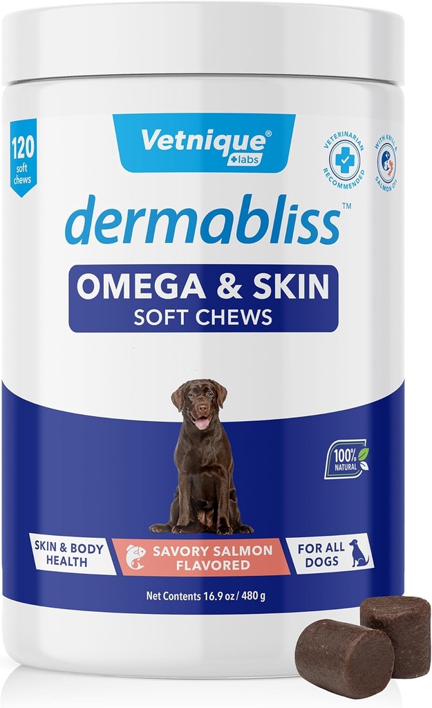 Vetnique Dermabliss Omega & Skin Health Fish Oil för hundar mjuka Chews Hälsosam hud och päls för hundar med Biotin & DHA - Hickory Salmon Dog Treats (120 greve Chews)