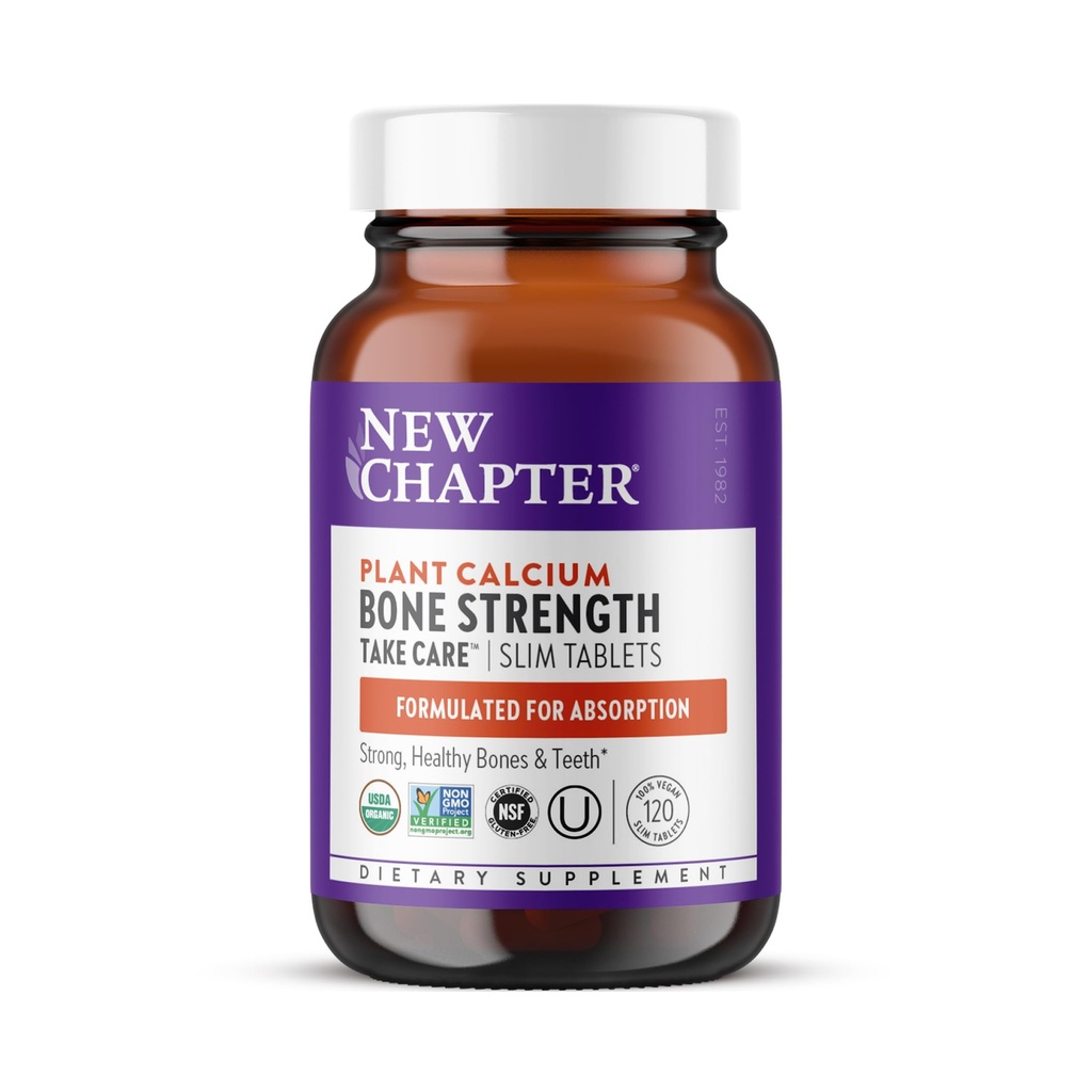 Nya kapitel Calcium Supplement - Bone Strength Organic Calcium med Magnesium, Vitamin D3 + K2, 70 + Spår Mineraler för Benhälsa, Gluten Fri, Lätt att Svälja Slim Tablets - 120 Räkna