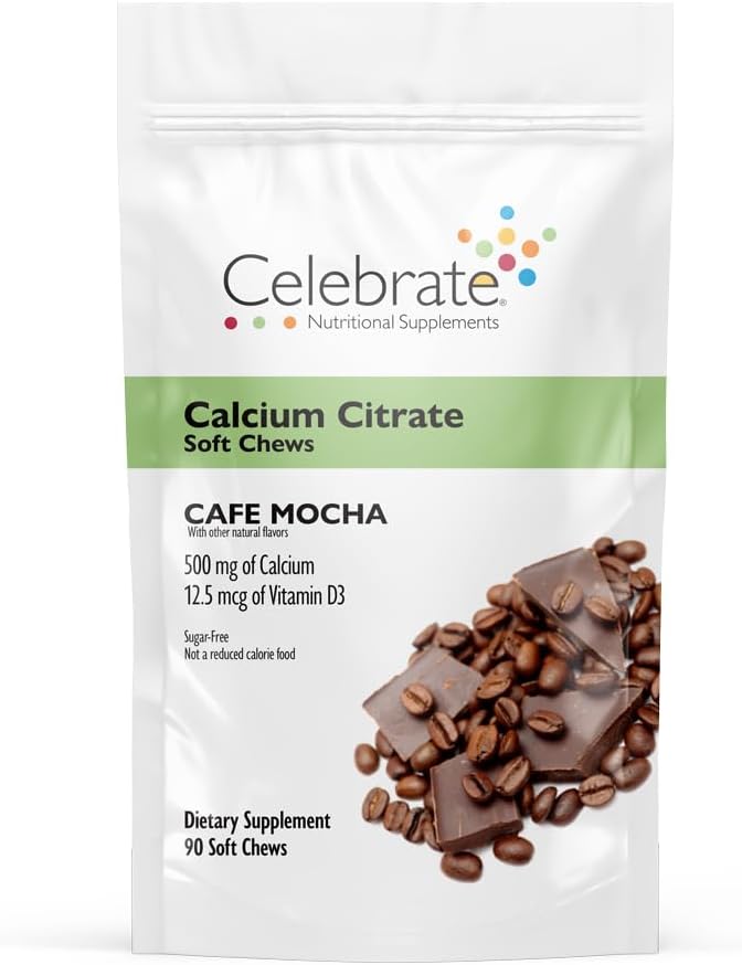 Celebrate Vitamins Bariatric Calcium Citrate Soft Chews med vitamin D3, 500mg, Sugar-Free & Gluten-Free Calcium Citrate för bariatriska patienter, Cafe Mocha, 90 räkning