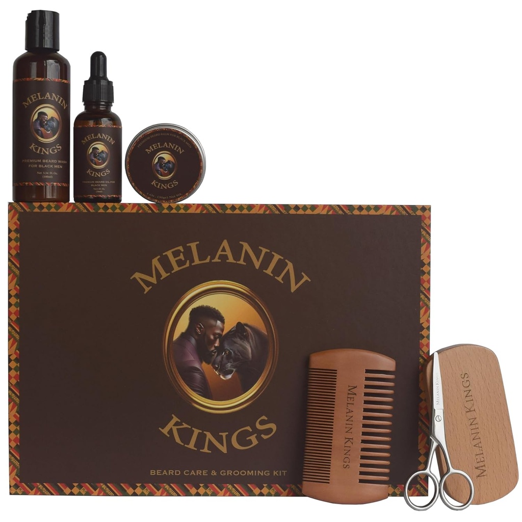 Melanin Kings Beard Grooming Kit för män - Formler med antika afrikanska naturliga ingredienser | Skäggtvätt, olja, Balm, Borste, Comb, Trimming Scissors