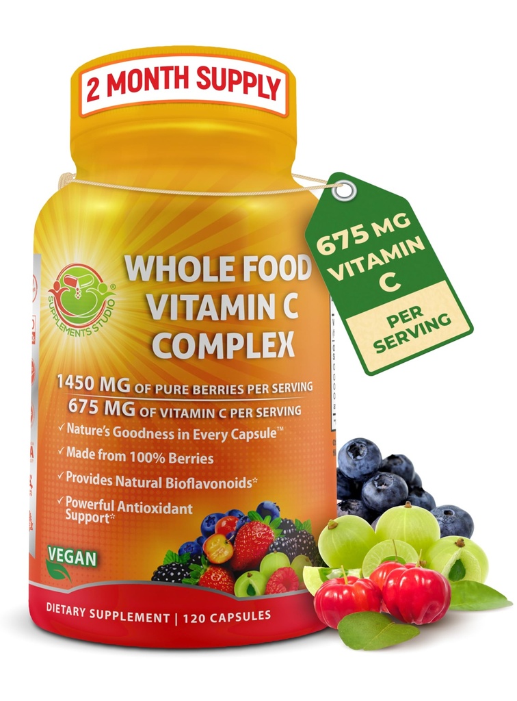 Hel mat vitamin C-komplex - 1450mg organiska bär - 675 mg Vitamin C per servering, hög styrka antioxidant & immunstöd med Acerola, Amla och naturliga bioflavonoider - Vegan, icke-GMO, 120 greve