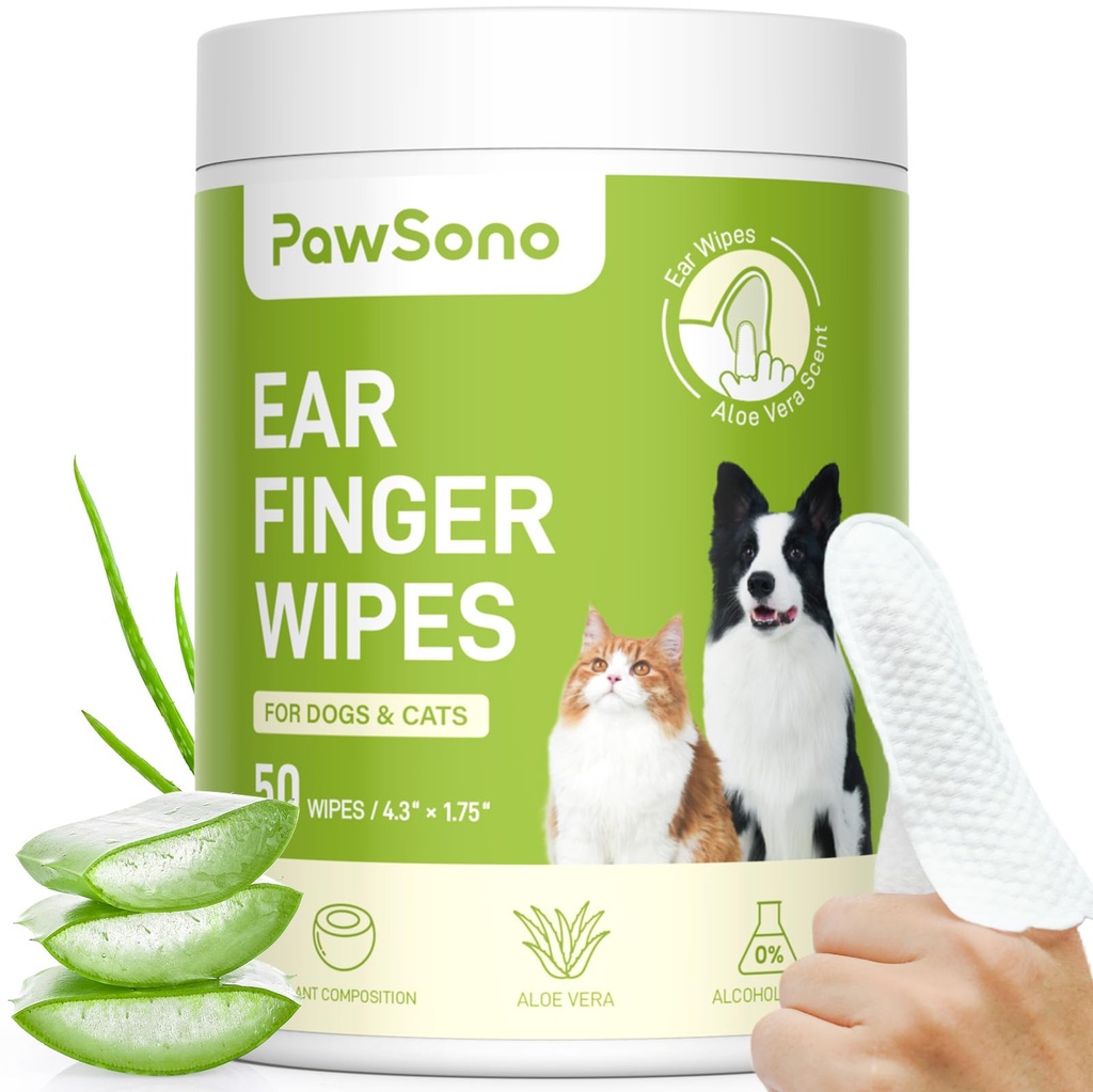 Ear Finger Wipes for Dogs & Cats, Thicker Dog Ear Cleaner Wipes, Natural Relief Cat Ear Cleaner Dog, Pet Health Supplies for Dog Small Animal Cat, Aloe Scent Deodorizing - 50 Count