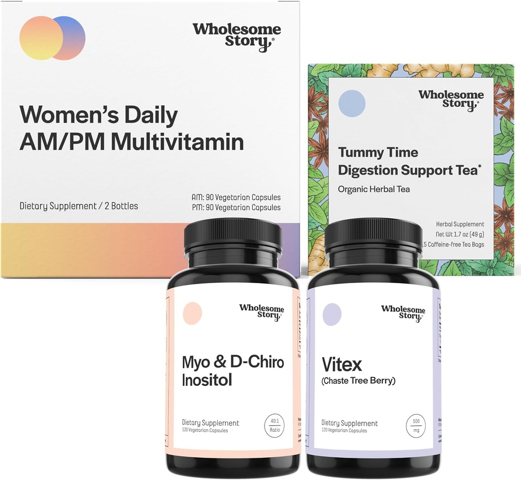PMS Support Bundle | Myo-Inositol & D-Chiro Inositol Blend Capsule 30-Day Supply | Vitex Chasteberry Supplement for Women 120-Day Supply | Premium Multivitamin for Women | Morning Sickness Tea 15ct