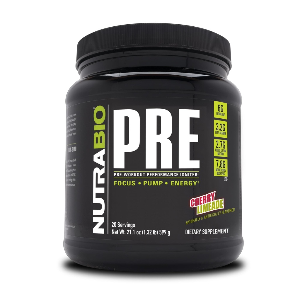 NutraBio PRE träningspulver - gammal formel-hållen energi, mental fokus, uthållighet - Beta Alanine, kreatin, koffein, elektrolyter - 20 portioner - Cherry Limeade