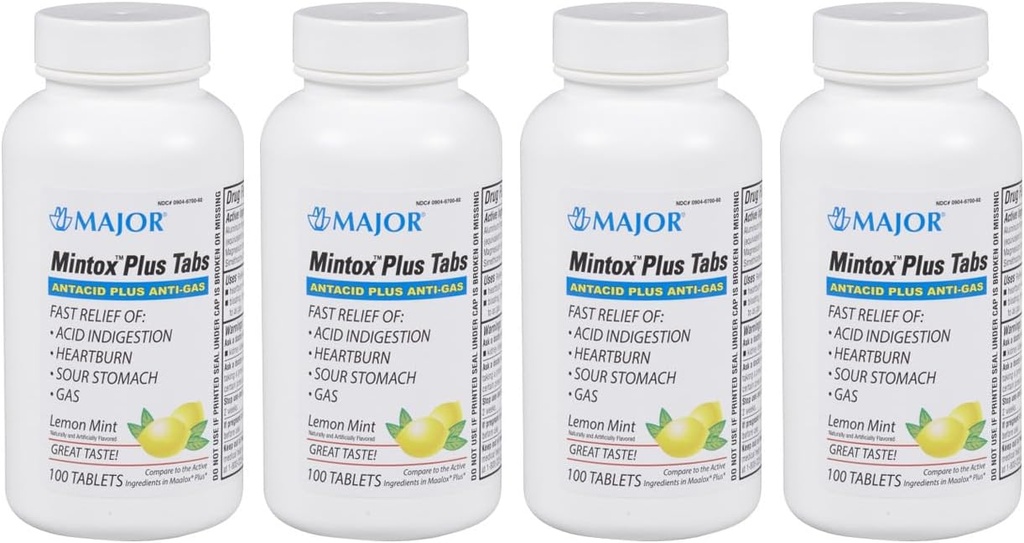 MAJOR Mintox Plus-flikar - Antacid Plus Anti-Gas-tabletter - hjälper snabbt lindra syraindigestion, Heartburn, Sour Stomach och Gas - Lemon Mint smaksatt - 100 greve (4 Pack)