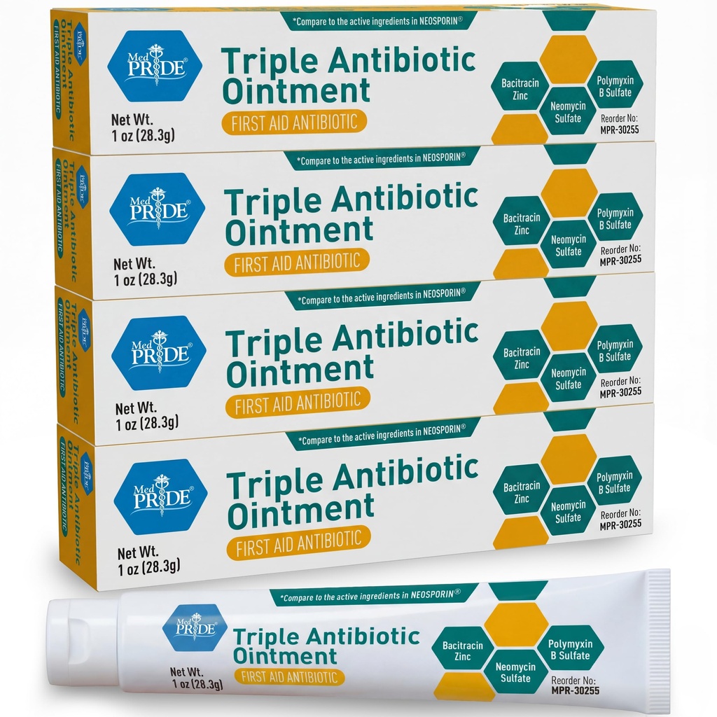 MED Pride Triple Antibiotic Pride Ointment Tube 1 Oz 4-Pack, första hjälpen för mindre sår, repor, abrasioner, med Zink, Neomycin, Polymyxin