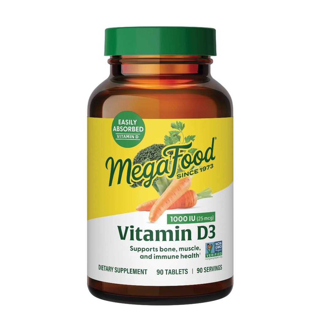 MegaFood Vitamin D3 1000 IE (25 mcg) - Vitamin D Supplements with Real Food, Immune Support, Supports Bones, Teeth & Muscles, Vegetarian, Gluten-Free, Non-GMO, Kosher - 90 tabletter, 90 portioner