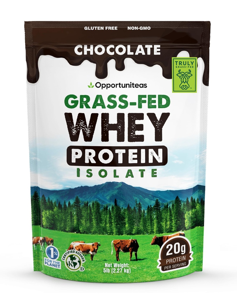 Opportuniteas Grass Fed Chocolate Whey Protein Isolate Powder - 20 g proteinpulver utan artificiella sötningsmedel, Hormon-Free Cows, Non GMO - 5lb