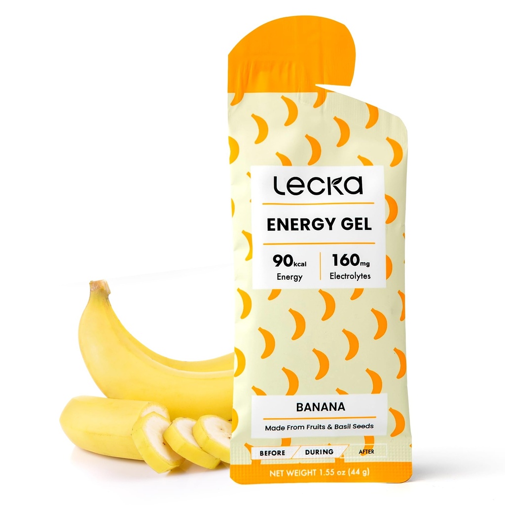 Lecka Energy Gel, 12 Gels | för uthållighetsövning, tillverkad med verkliga frukter och basilfrön, ger naturlig energi och elektrolyter (12 Gels, Banana)
