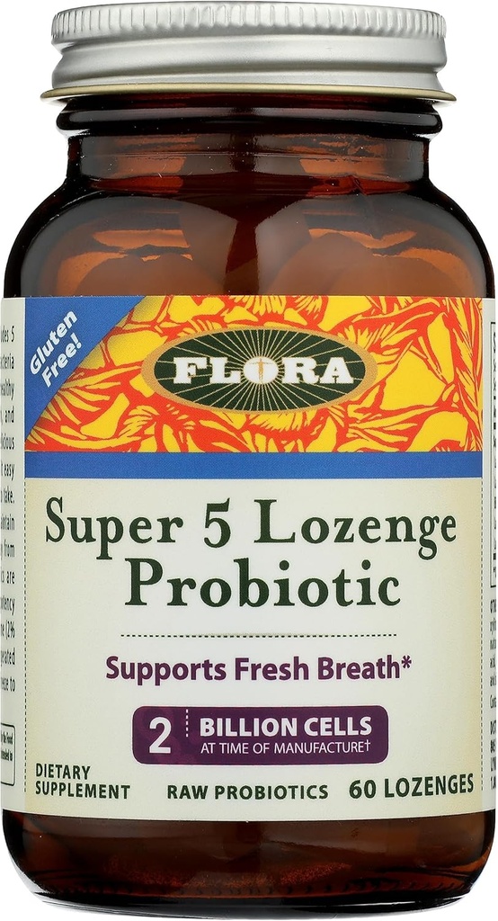 Flora - Super 5 Lozenge Probiotic, Raspberry smaksatt oralt probiotikum, bra för dålig andedräkt, fem stammar med 2 miljarder CFU, Regain och Retain Gut Health, RAW, 60 Lozenges