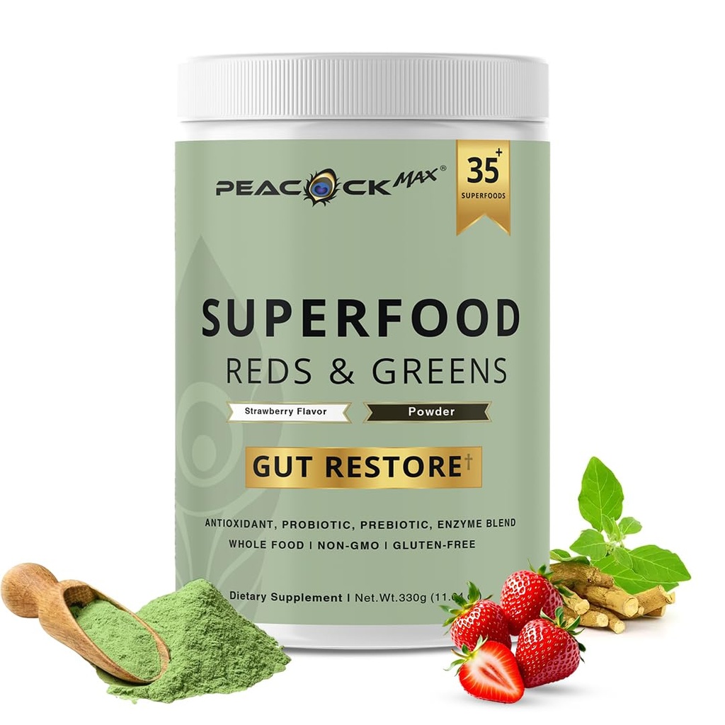 Superfood Reds & Greens Powder - 11,64 oz, Prebiotika & Probiotika för Digestive Health, Super Greens Powder med Ashwagandha för Gut Health, Immunity, Antioxidanter, Vegan, icke-GMO