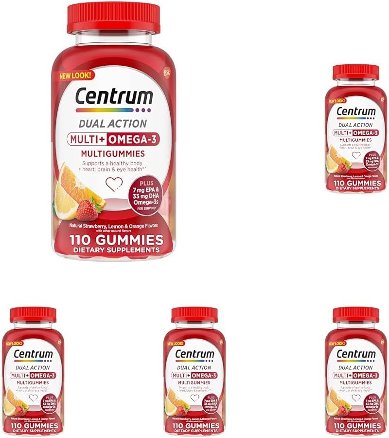 Centrum MultiGummies Multi+ Omega 3 Dual Action, Vuxen Multivitamin, Multivitamin/Multimineral/Omega 3 Supplement, Strawberry/Lemon/Orange Flavors - 110 Count (Pack of 5)