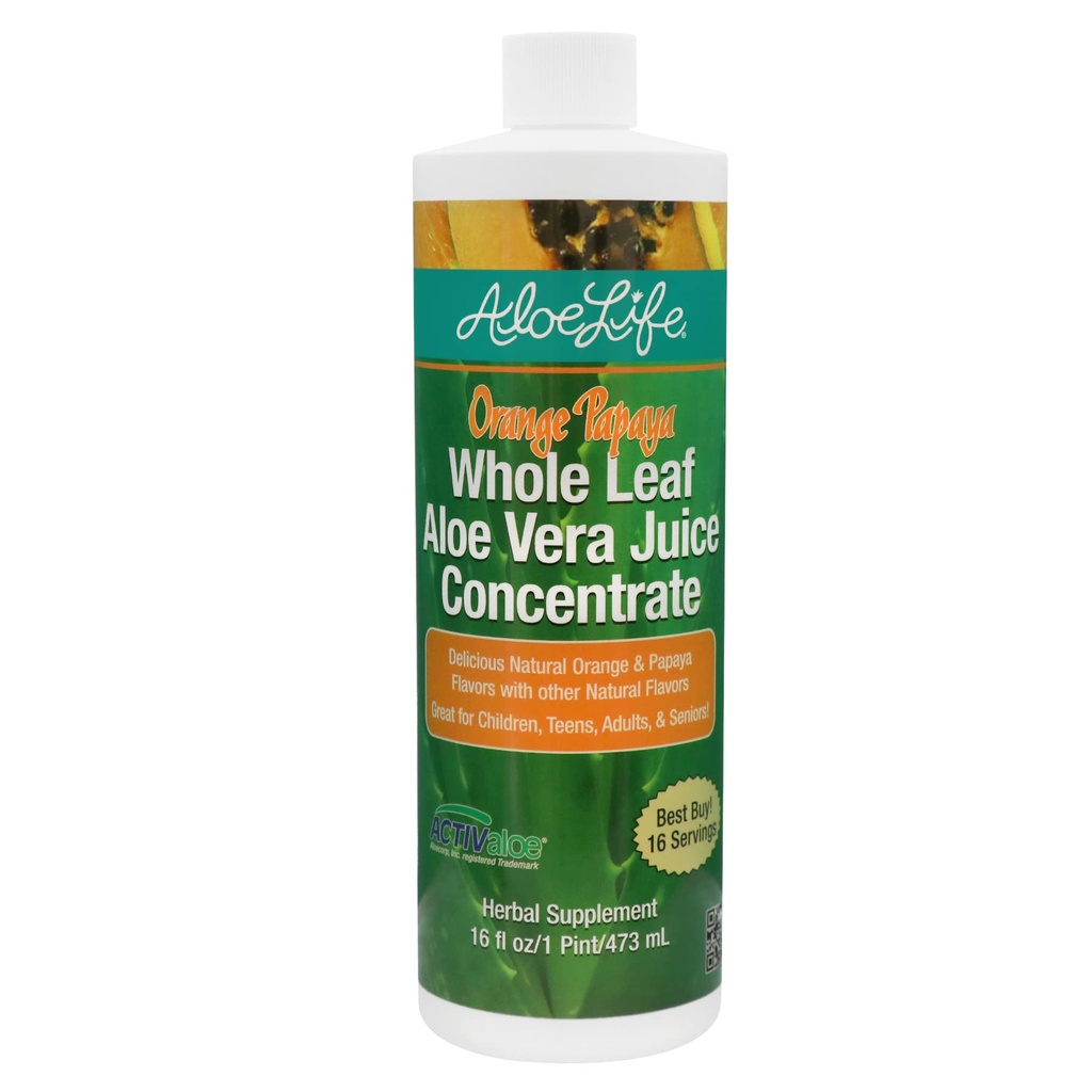 Aloe Life - Hela Leaf Aloe Vera Juic, certifierad organisk, glutenfri (Orange Papaya, 16 oz)