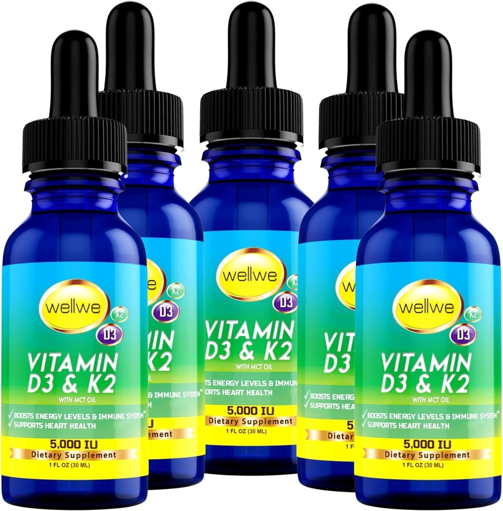 Flytande vitamin D3 K2 Drops 5000 IE - Vegan, No Taste, No Odor, Soy-Free, Gluten Free, Non-GMO, 1000 IE per Drop, Boosts Energy Levels & Immune System, stöder hjärthälsa (5 Pack)