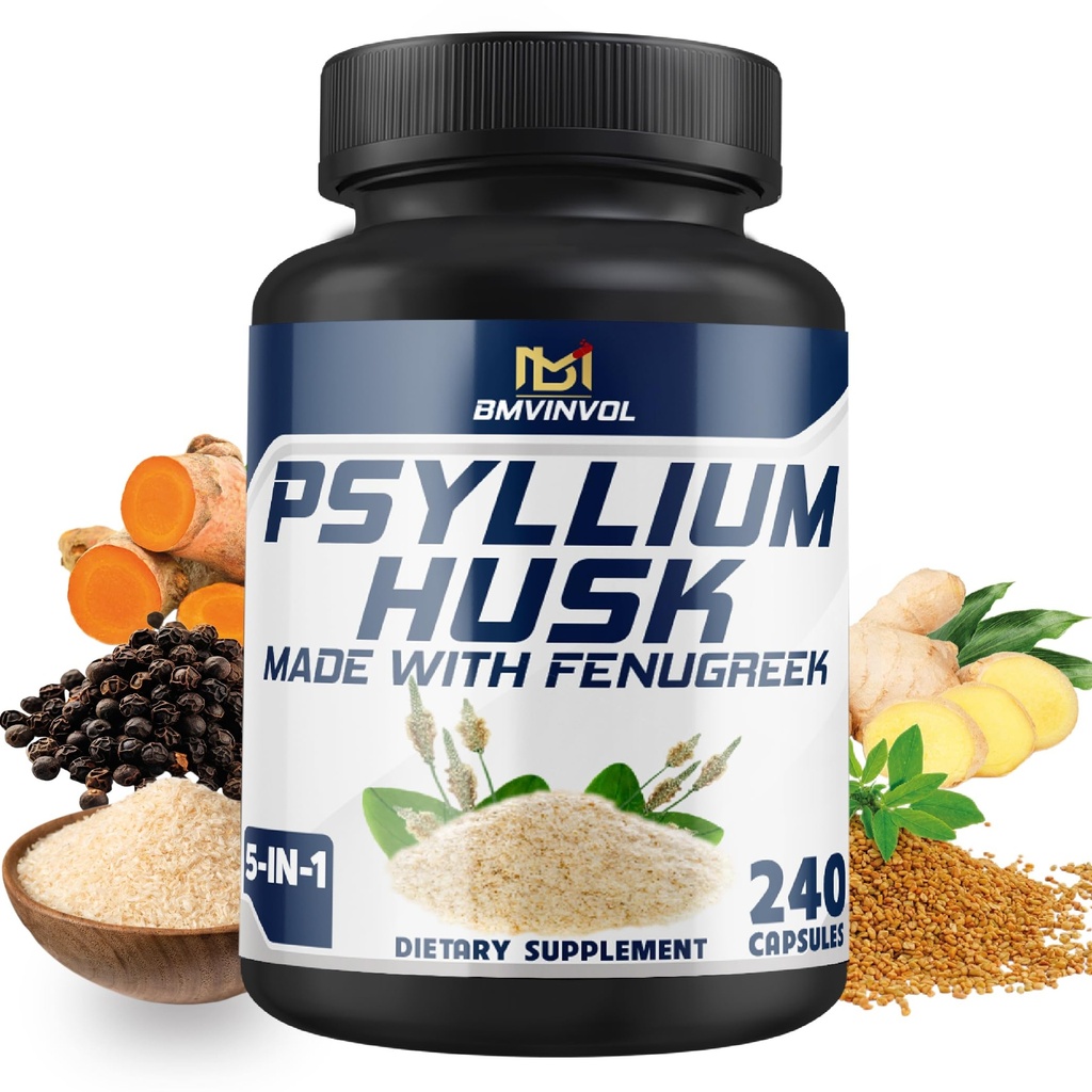 BMVINVOL Psyllium Husk Capsules Fiber Supplement med Fenugreek, gurkmeja, Ginger, Black Pepper - Stöd Digestive System, Intestinal Health - 240 greve för 4 månaders leverans