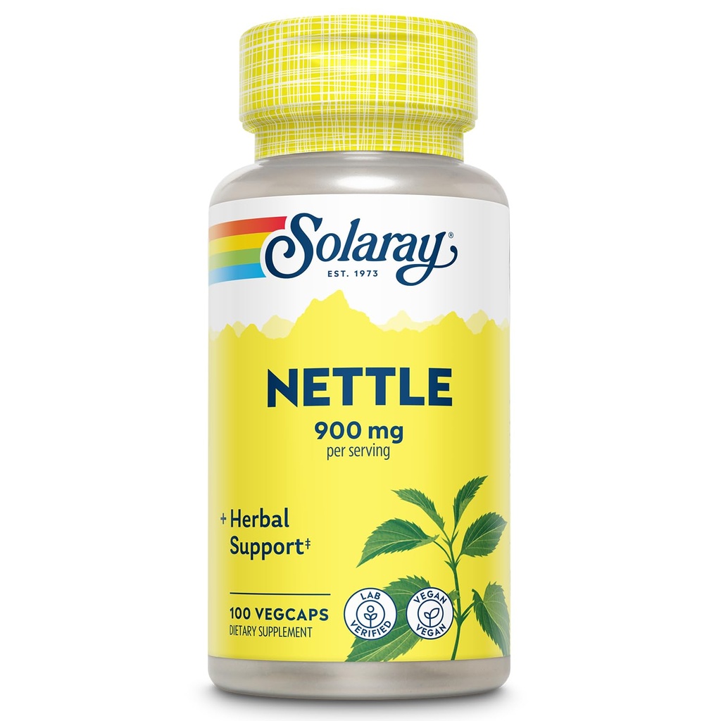 SOLARAY Nettle 900 mg - Organic Nettle Leaf Supplement - Njure, Urinary och Prostate Support - Traditionell användning för allergirespons och andnings Wellness - Vegan - 50 portioner, 100 VegCaps