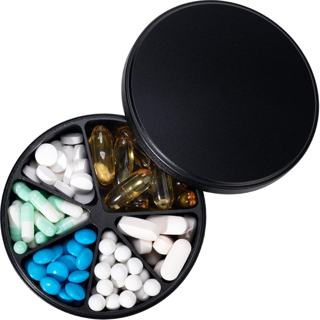 Pill Organizer med 6 Compartments - Heavy Duty Metal Daily Pill Case, Large Pill Container Holder, Waterproof Medication Dispenser Pill Box för vitamin Supplement Medicine Fish Oils, 0.38lb, Black