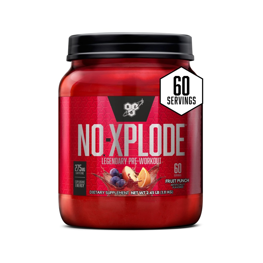 BSN N.O.-XPLODE Pre Workout Supplement med kreatin, Beta-Alanine och energi, Fruit Punch, 60 portioner, 2,45 pund (Packaging May Vary)
