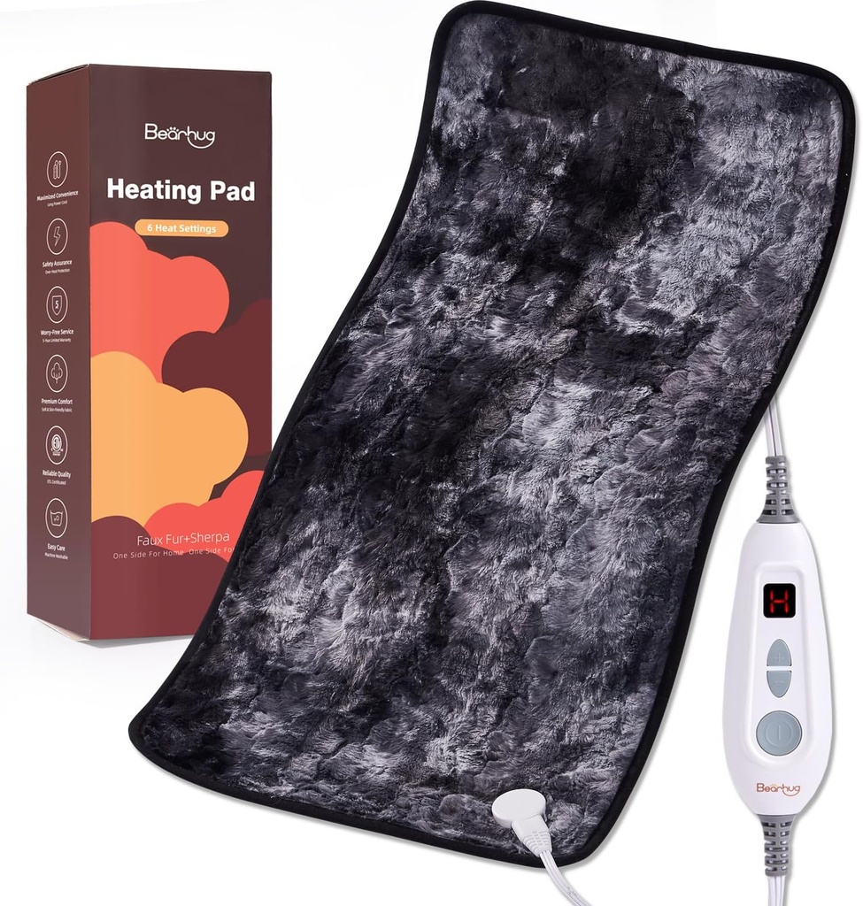 Bearhug XXL Electric Heated Pad 17''x33'' Double-Sided Faux Fur Heating Pad, 6 Heat Levels, 2-timmars Auto-Off, Moist & Dry Heat Therapy för Back Pain Relief, Machine Washable, ETL Certified - Gift Box