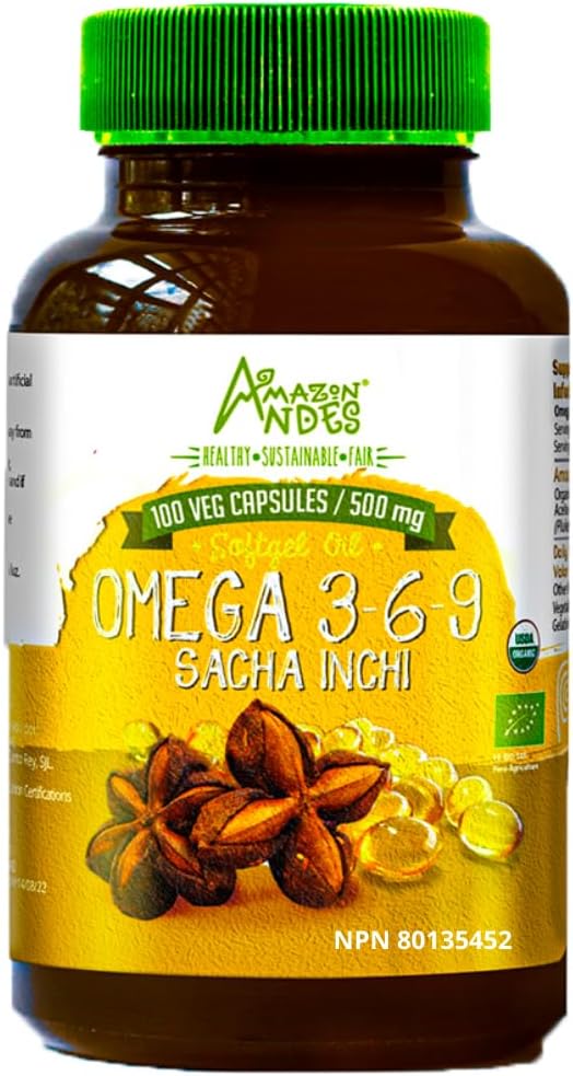 Andes Sacha Inchi Oil Capsules - Källa av omegas 3, 6 och 9 - Hälsosammare källa av väsentliga fettsyror - Vegan, icke-GMO, Allergenfri & Glutenfri - 100 Softgel Pills (500mg) - Tillverkad i Peru