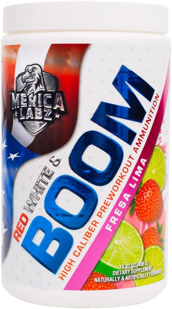 "Merica Labz Red, White och Boom, High Caliber Pre Workout med VasoDrive-AP®, 350mg koffein, Max Energy, Pump och Focus, Ökat blodflöde och muskelvolym, 20 portioner (Fresa Lima)