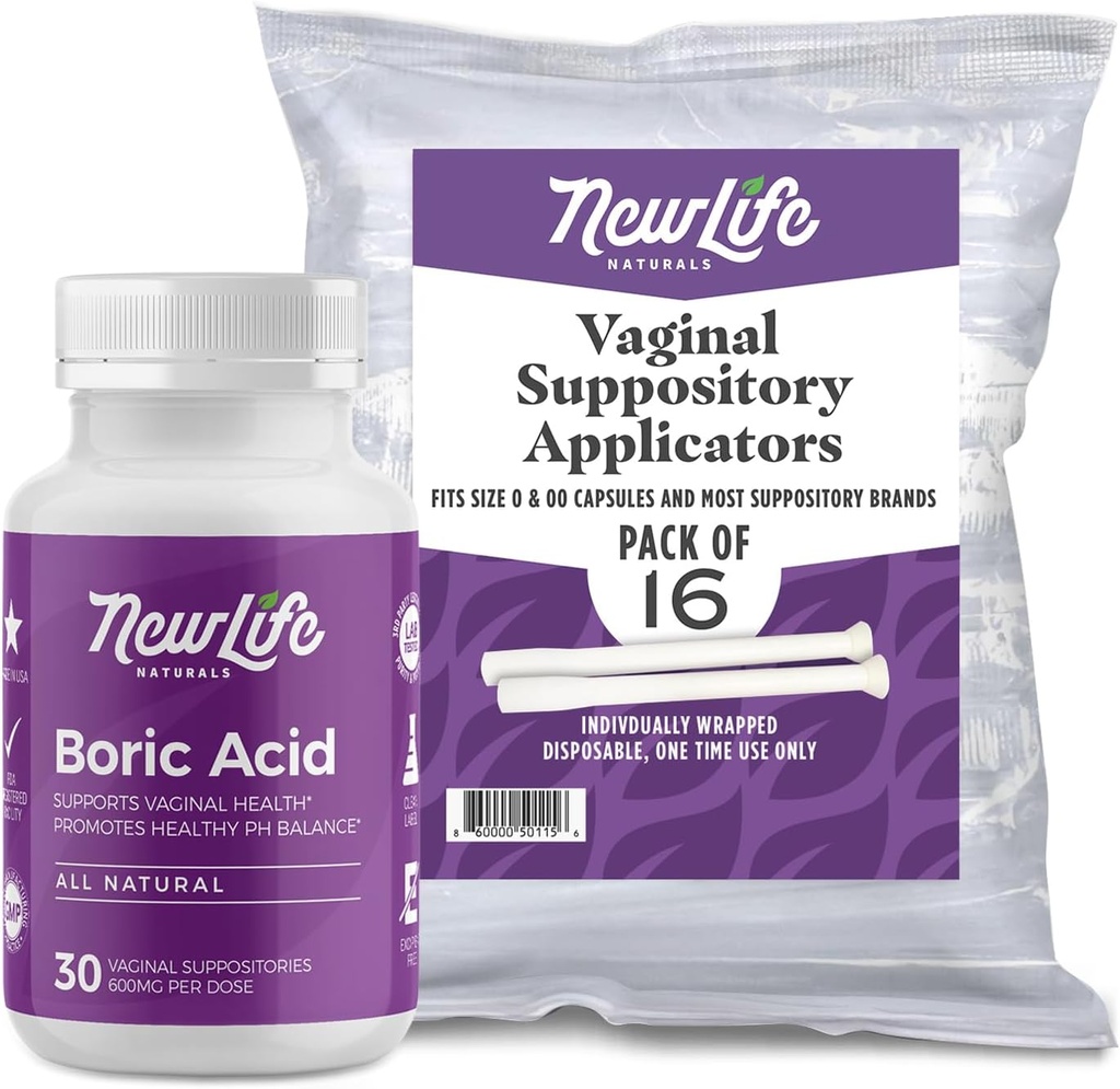 NewLife Naturals Boric Acid Vaginal Suppositories 600mg (30 Pack) med 16 Applikatorer - för pH Balance, Feminine Health och Intimate Wellness - Made in USA