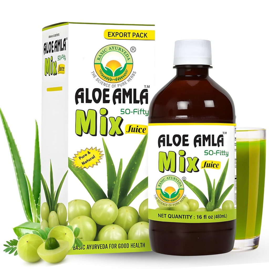 Grundläggande Ayurveda Gooseberry + Aloe Vera Juice - 16.23 Fl Oz (480ml) | 50-Fifty Herbal Mix för immunitet, Digestion & Skin Health | Amla & Aloe Blend | 100% Naturlig | Daily Ayurvedic Tonic