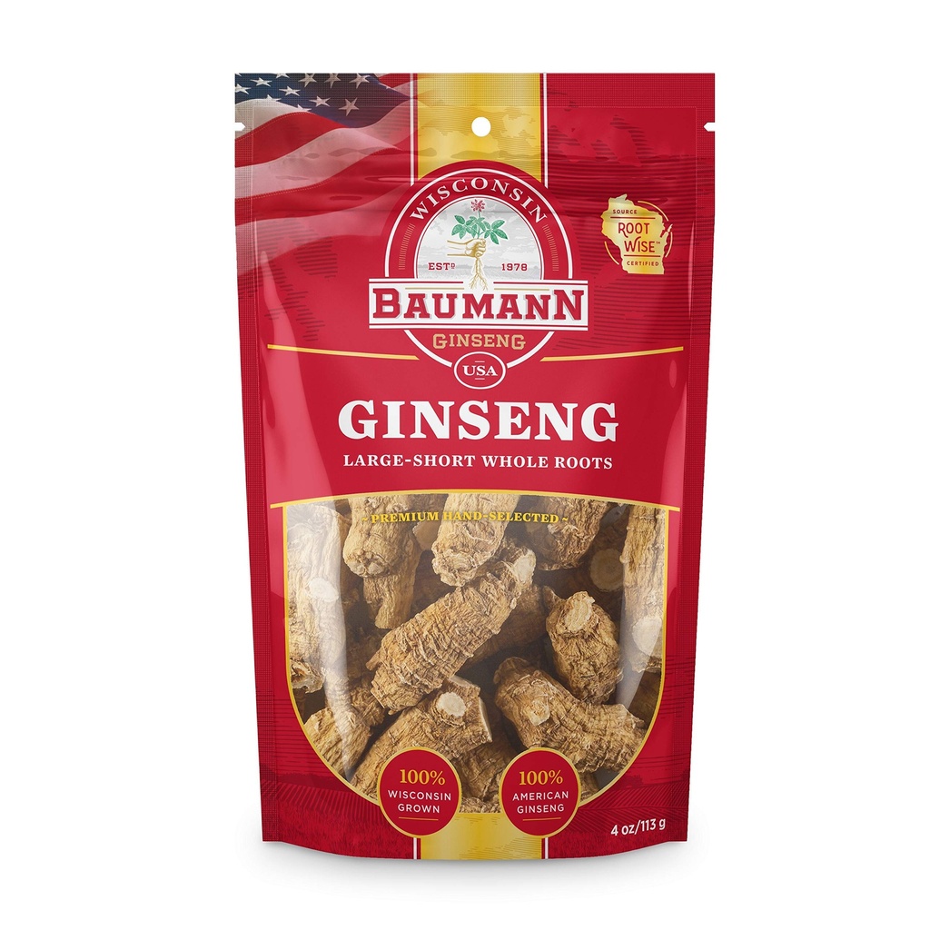Baumann Wisconsin Ginseng Whole Roots - Large Short (4 oz.) - 100% naturlig Wisconsin Grown Panax Ginseng Herb - Pure Dried American Ginseng med antioxidant Ginsenosides för förbättrad fokus & energi