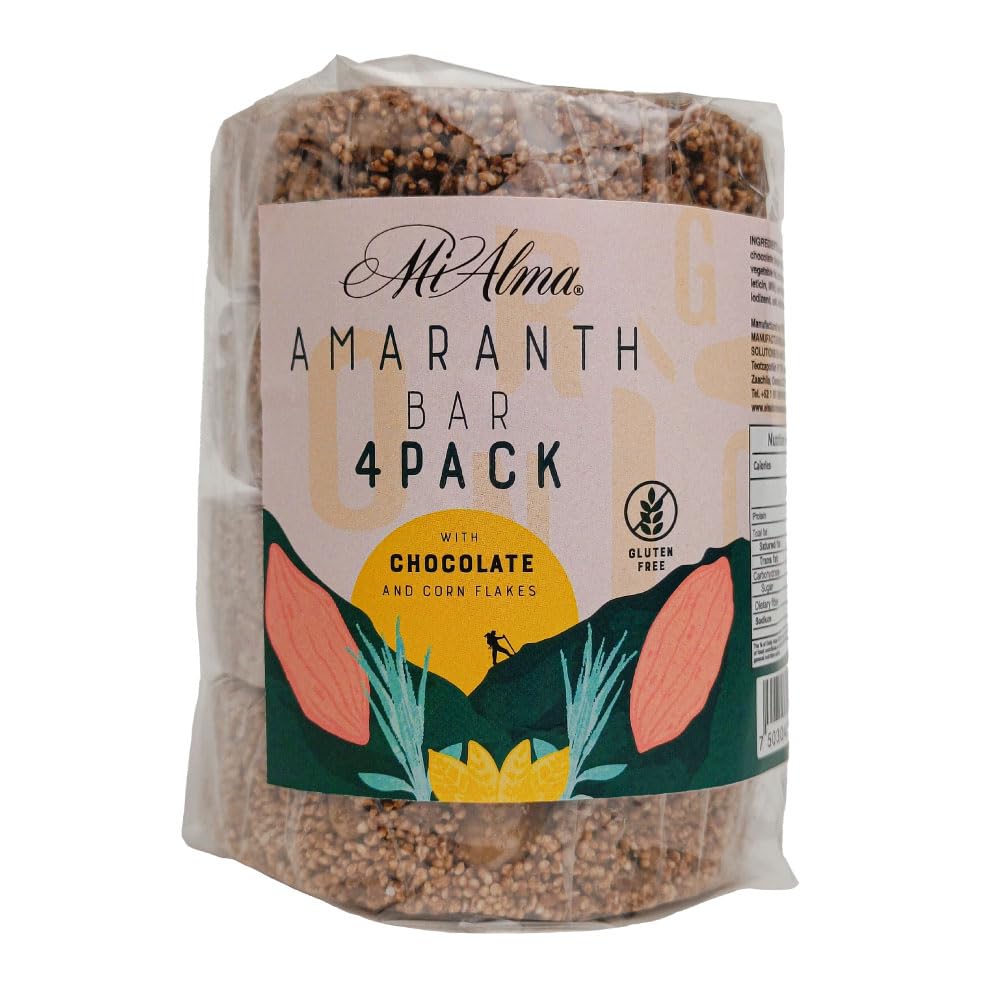 Mi Alma, 4 BAR PACK Amaranth Bar med choklad och majsflingor PREMIUM, Barra de Amaranto con Chocolate, Super Food, Gluten Free, Healthy Snack, 8,4 oz