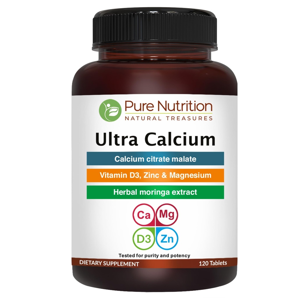 Pure Nutrition Ultra Calcium 1000mg med VIT D3 + K2 | 120 Tab | Mycket absorberbar Calcium Supplement med Calcium Citrate Malate, VIT D3, K2, Moringa Oleifera, Magnesium och Zink.