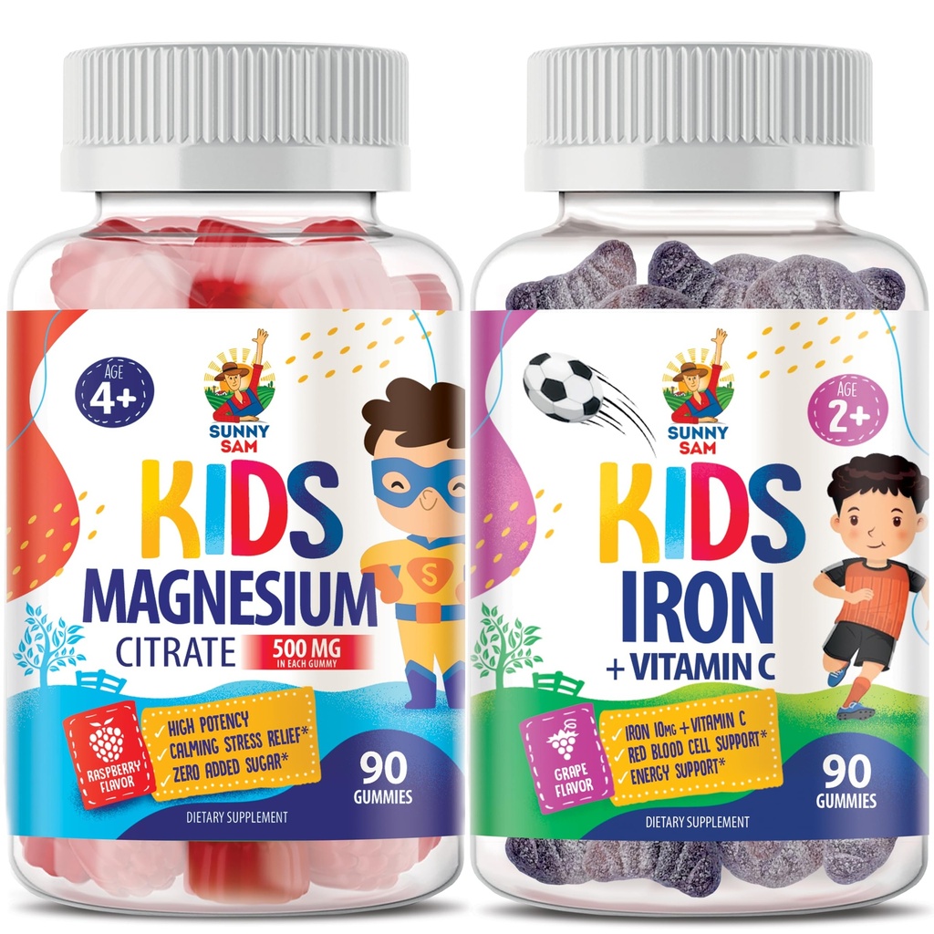 SUNNY SAM Iron Gummies för barn & Magnesium Gummies för barn & vuxna - 500mg - Calm Magnesium Chews - Magnesium Citrate Chewable Supplement för Mood & Muscle Support