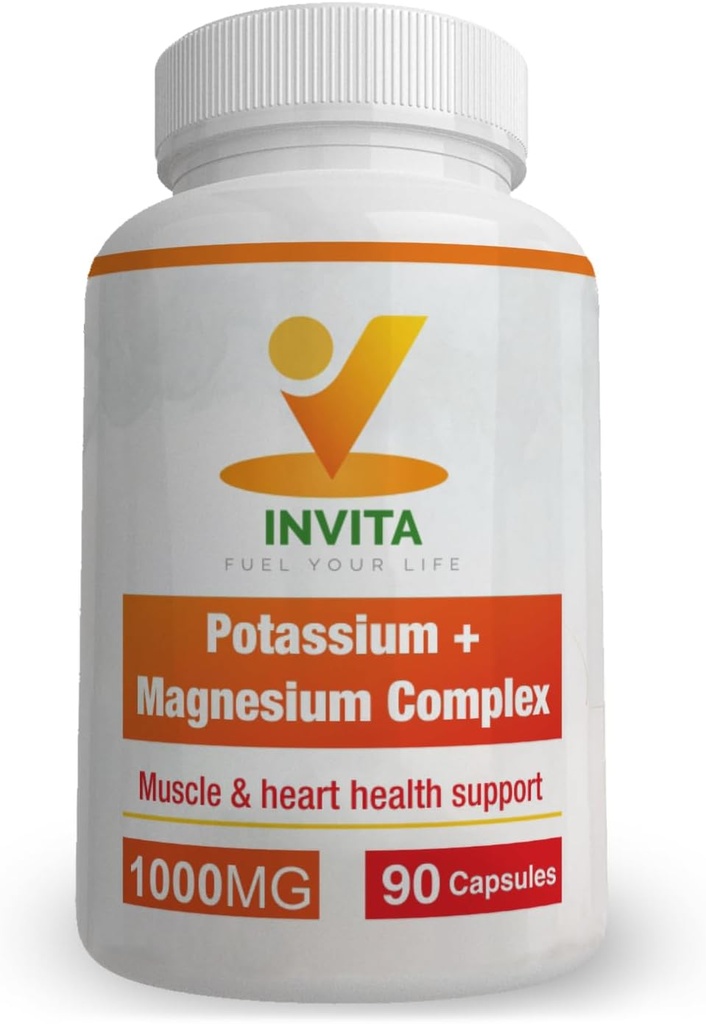 Invita Kalium Magnesium Komplex 1000 MG för Leg & Muscle Support I (90 kapslar) - Hög Absorption Kalium Aspartat med Magnesium Aspartate Oxide Glycinate Gluconate & Citate