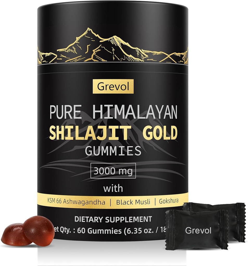 Himalaya Shilajit Gummies: Gold Grade Shilajit Riched med Ashwagandha Fulvic Acid & 85+ Trace Minerals - No Added Sugar - Individually Wrapped - för Män & Kvinnor - 60 Gummy