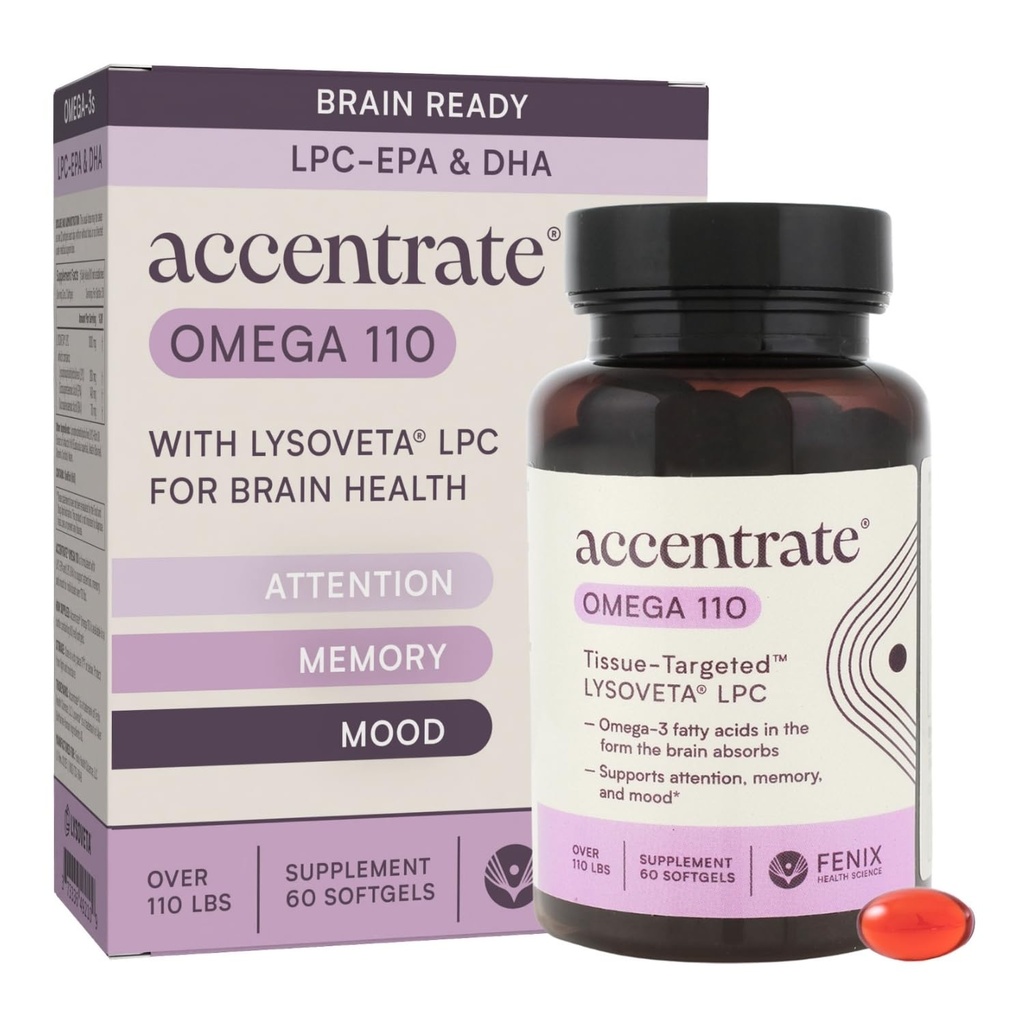 Omega 110 w/LYSOVETA LPC | EPA & DHA Supplements for Brain & Retina Health | Fokus, uppmärksamhet, minne, humör och vision | 6X Högre Absorption än fiskolja | Hög Potency Omega-3 LPC-DHA
